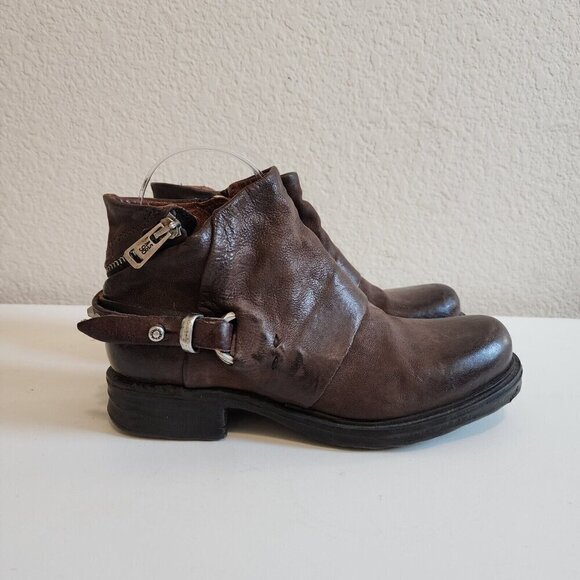 AS 98 Steve Chocolate Brown Leather Studded Moto Zip Buckle Booties 36/5.5-6 - Picture 2 of 11